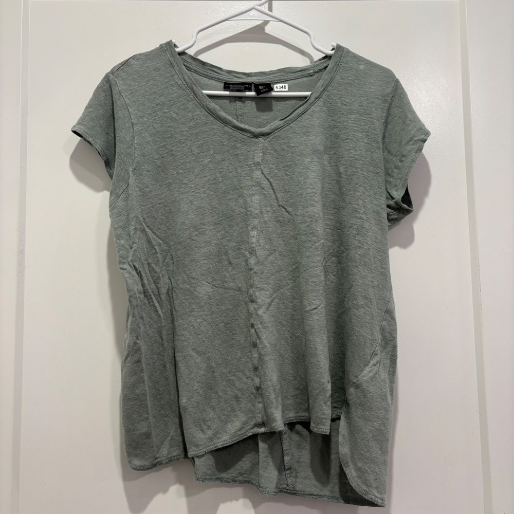 Tahari Womens Sage Green 100% Linen V-Neck Asymmetrical Hem T-Shirt Size L